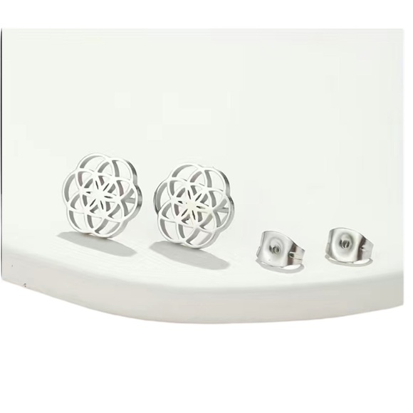 Stainless Steel Silver Swirl Cut Metal Stud Earrings - Picture 3 of 8